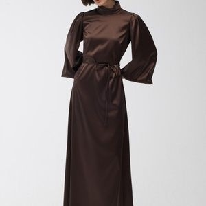 Balloon sleeves Brown Satin Evening Dress/Gown